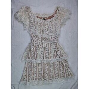 Show Me Your Mumu Ivory Lace Champagne Ruffle BOHO Dress Wedding Cap Sleeve SZ S